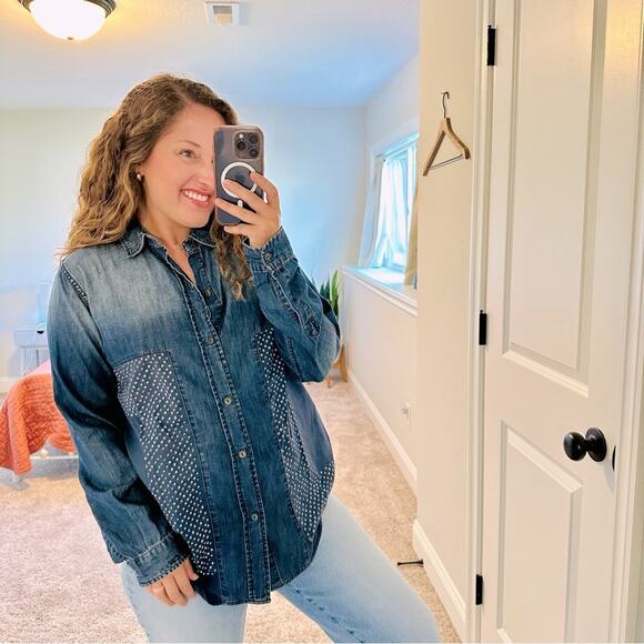 Current/Elliott Denim Batik Long Sleeve Blouse Top Small - Picture 1 of 11